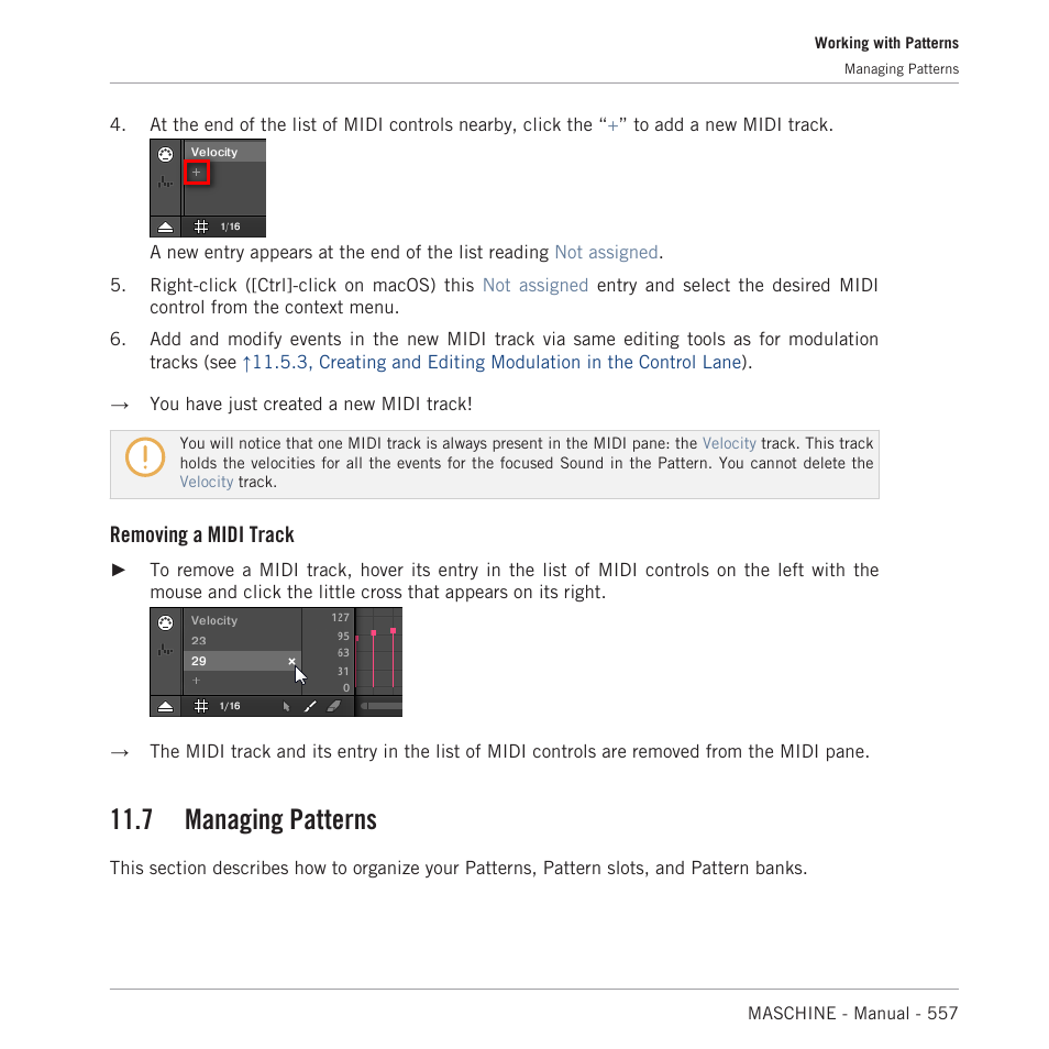 Managing patterns, 7, managing patterns, 7, managing pat | Terns, 7 managing patterns, Removing a midi track | Native Instruments MASCHINE MK3 Groove Production Studio (Black) User Manual | Page 557 / 976