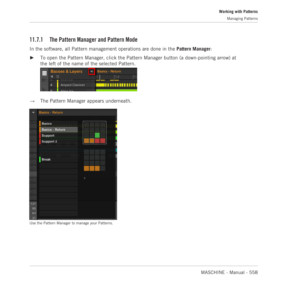 The pattern manager and pattern mode, 1, the pattern man, Ager and pattern mode | 1, the pattern, Manager and pattern mode, For more information on the pattern manager), 1 the pattern manager and pattern mode | Native Instruments MASCHINE MK3 Groove Production Studio (Black) User Manual | Page 558 / 976