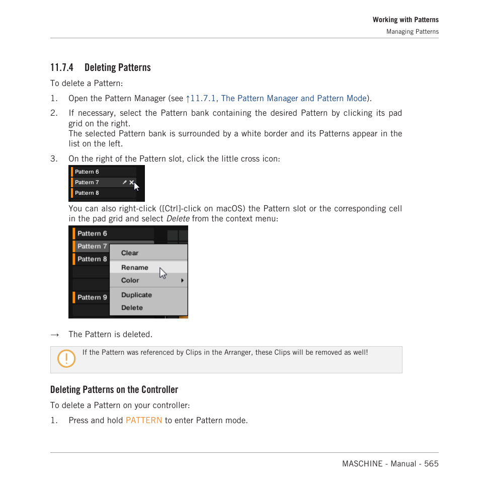 Deleting patterns, 4 deleting patterns, Deleting patterns on the controller | Native Instruments MASCHINE MK3 Groove Production Studio (Black) User Manual | Page 565 / 976