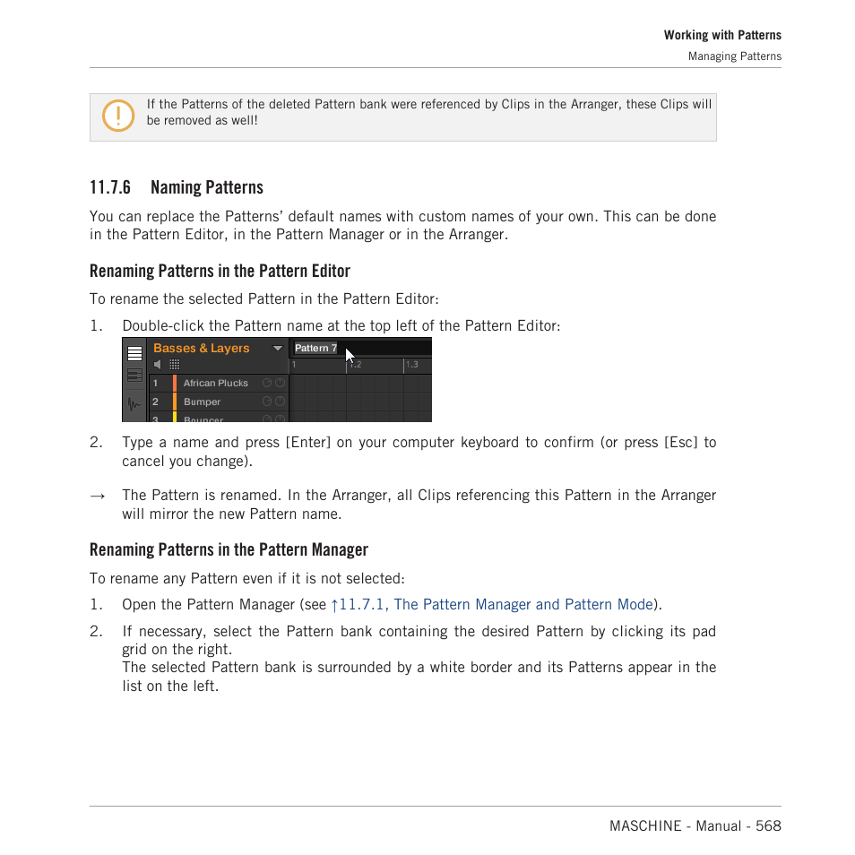 Naming patterns, 6 naming patterns, Renaming patterns in the pattern editor | Renaming patterns in the pattern manager | Native Instruments MASCHINE MK3 Groove Production Studio (Black) User Manual | Page 568 / 976