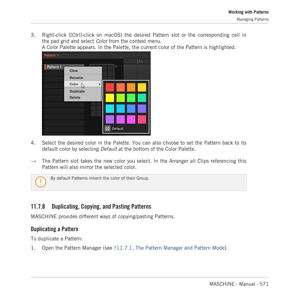 Duplicating, copying, and pasting patterns, 8, duplicating, Copying, and pasting patterns | 8 duplicating, copying, and pasting patterns, Duplicating a pattern | Native Instruments MASCHINE MK3 Groove Production Studio (Black) User Manual | Page 571 / 976