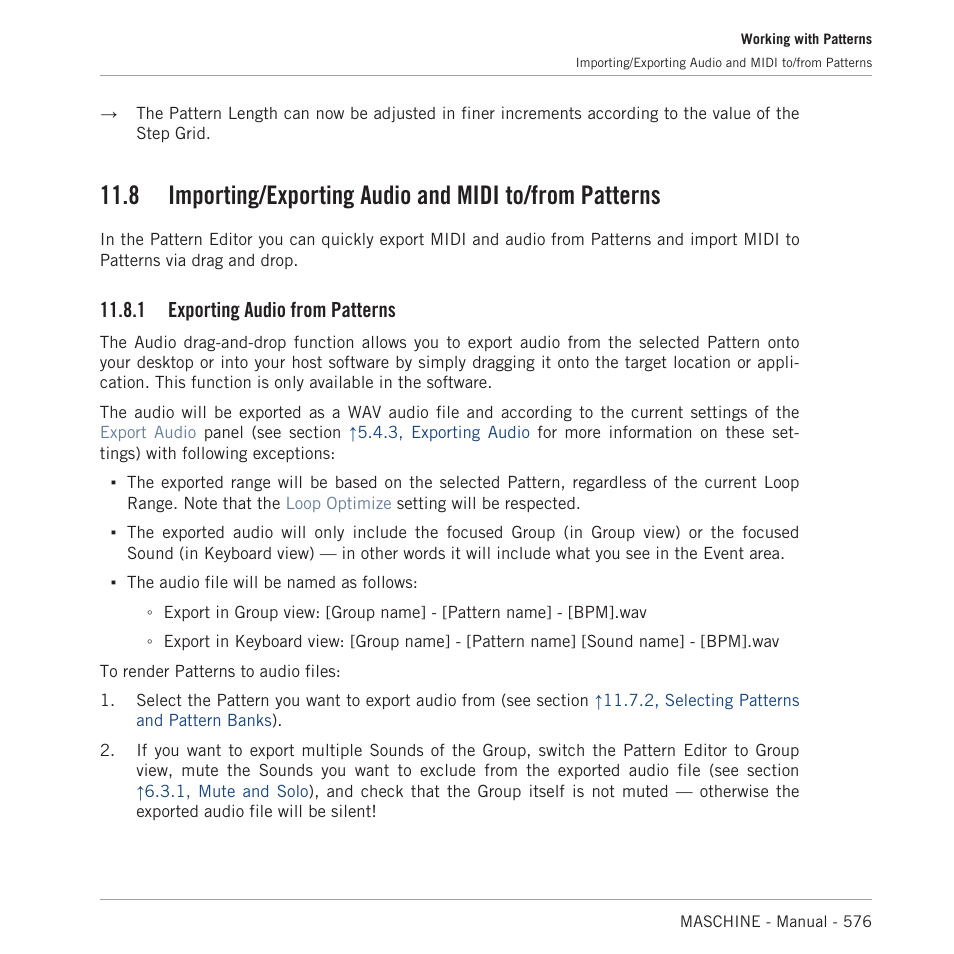 Exporting audio from patterns, 1, exporting audio from patterns, 1, exporting audio from pat | Terns, For more information, 1 exporting audio from patterns | Native Instruments MASCHINE MK3 Groove Production Studio (Black) User Manual | Page 576 / 976