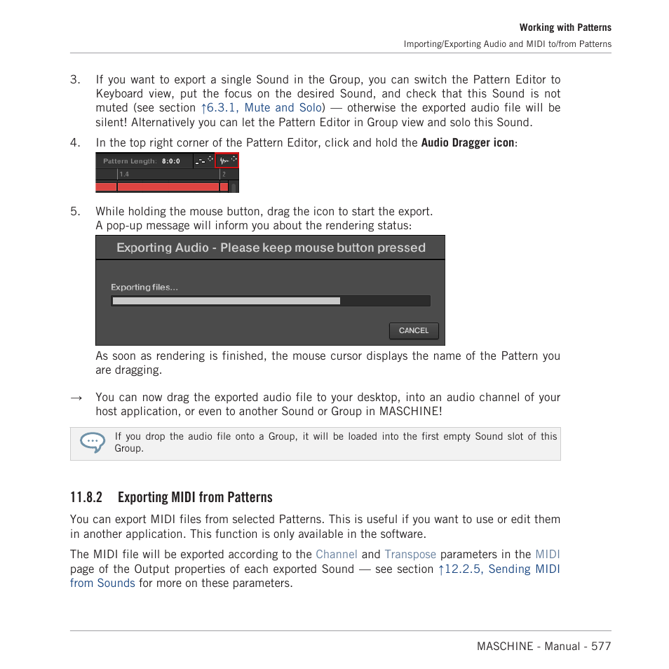 Exporting midi from patterns, 2, exporting midi from patterns, 2, exporting midi from pat | Terns, 2, exporting midi, From patterns, For more information, 2 exporting midi from patterns | Native Instruments MASCHINE MK3 Groove Production Studio (Black) User Manual | Page 577 / 976