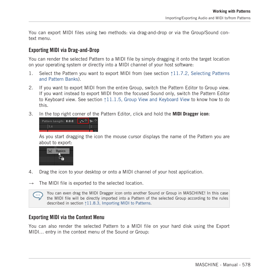 Exporting midi via drag-and-drop, Exporting midi via the context menu | Native Instruments MASCHINE MK3 Groove Production Studio (Black) User Manual | Page 578 / 976