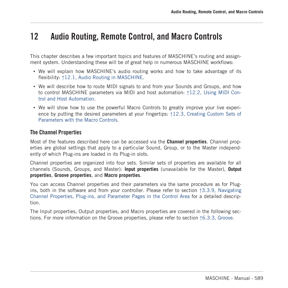 Audio routing, remote control, and macro controls, 12, audio routing, remote control, and, Macro controls | And section, Chapter, 12, audio routing, remote control, And macro controls, The channel properties | Native Instruments MASCHINE MK3 Groove Production Studio (Black) User Manual | Page 589 / 976