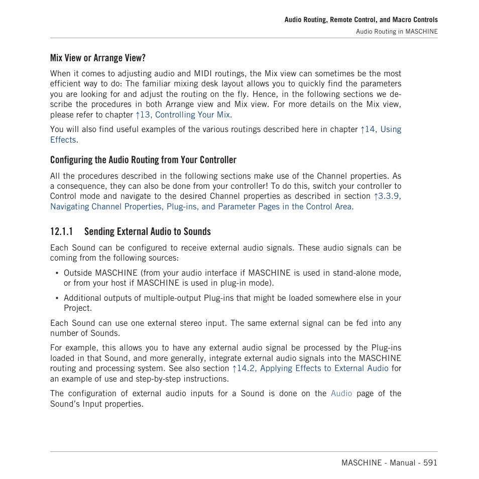Sending external audio to sounds, 1, send, Ing external audio to sounds | 1, sending external audio to, Sounds, Mix view or arrange view, Configuring the audio routing from your controller, 1 sending external audio to sounds | Native Instruments MASCHINE MK3 Groove Production Studio (Black) User Manual | Page 591 / 976