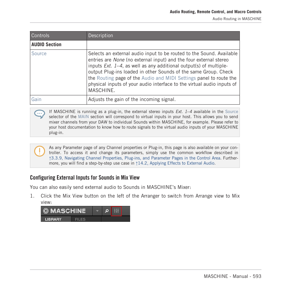 Configuring external inputs for sounds in mix view | Native Instruments MASCHINE MK3 Groove Production Studio (Black) User Manual | Page 593 / 976