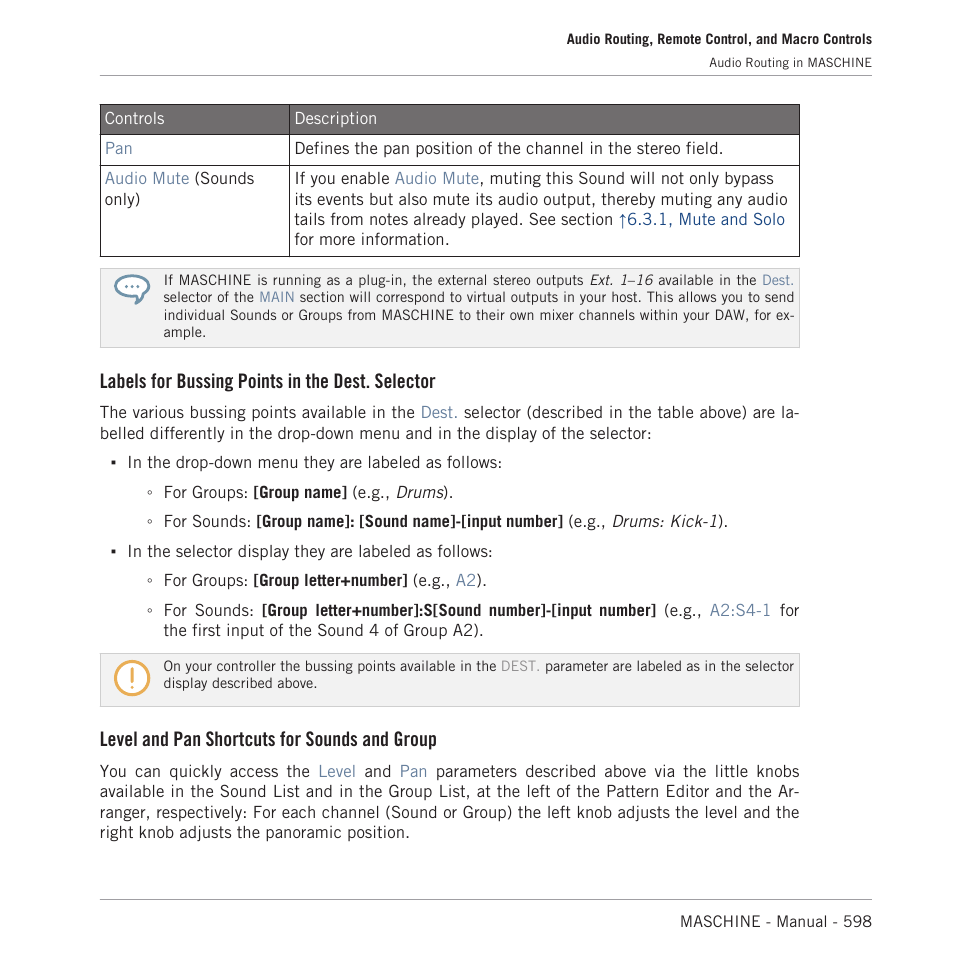 Labels for bussing points in the dest. selector, Level and pan shortcuts for sounds and group | Native Instruments MASCHINE MK3 Groove Production Studio (Black) User Manual | Page 598 / 976