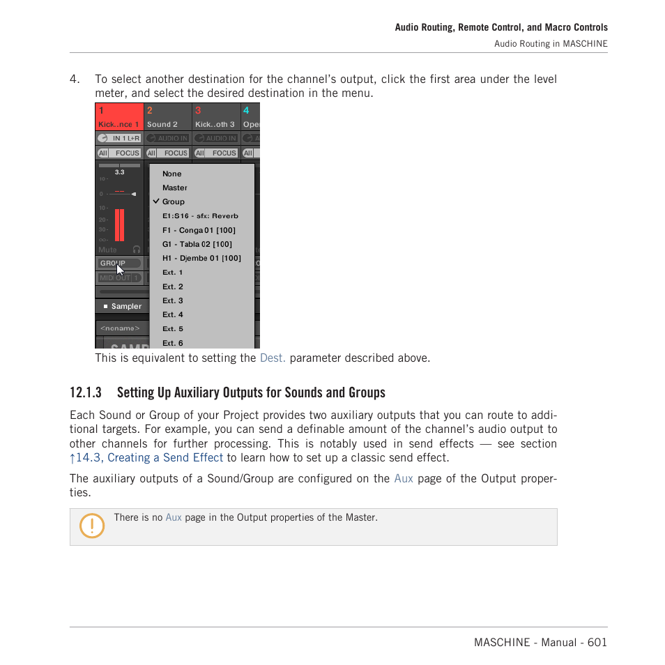 Setting up auxiliary outputs for sounds and groups, 3, setting, Up auxiliary outputs for sounds and groups | Native Instruments MASCHINE MK3 Groove Production Studio (Black) User Manual | Page 601 / 976