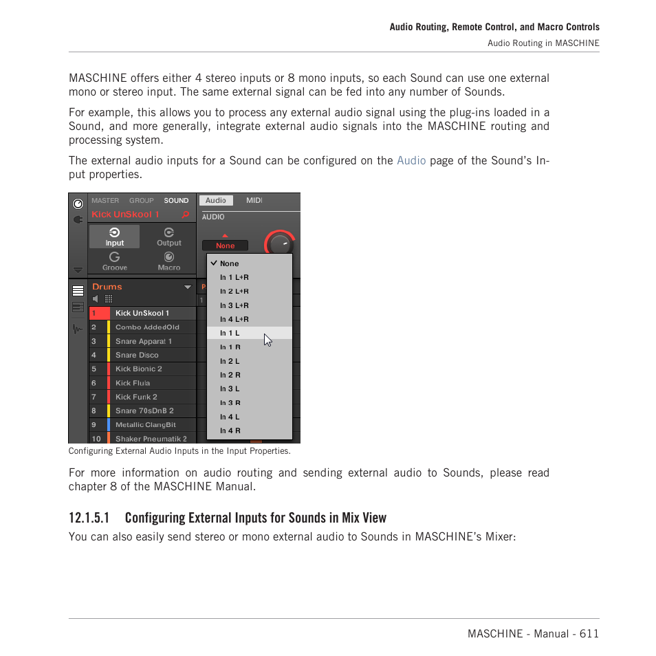 Configuring external inputs for sounds in mix view | Native Instruments MASCHINE MK3 Groove Production Studio (Black) User Manual | Page 611 / 976