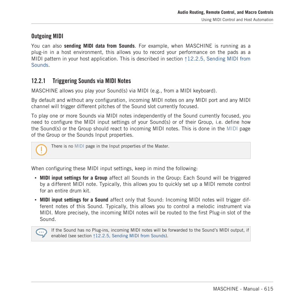 Triggering sounds via midi notes, Receive midi, refer to section, 1, triggering sounds via midi | Notes, Groups. these are described in section, 1, triggering sounds via midi notes, Outgoing midi | Native Instruments MASCHINE MK3 Groove Production Studio (Black) User Manual | Page 615 / 976