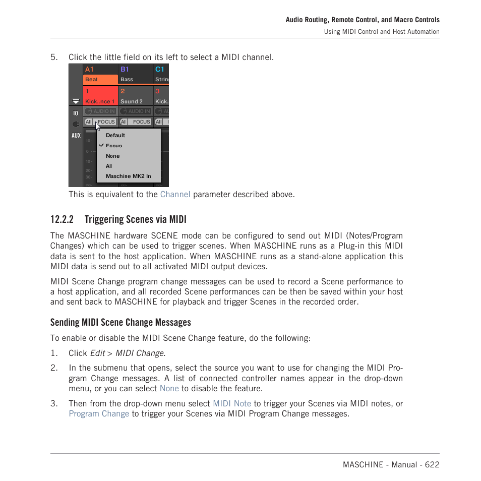 Triggering scenes via midi, 2 triggering scenes via midi, Sending midi scene change messages | Native Instruments MASCHINE MK3 Groove Production Studio (Black) User Manual | Page 622 / 976