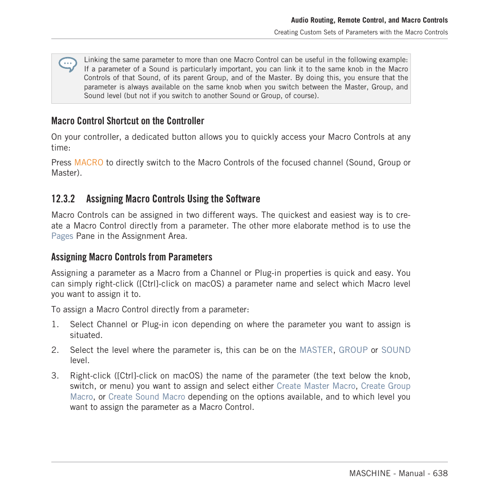 Assigning macro controls using the software, Macro control shortcut on the controller, 2 assigning macro controls using the software | Assigning macro controls from parameters | Native Instruments MASCHINE MK3 Groove Production Studio (Black) User Manual | Page 638 / 976