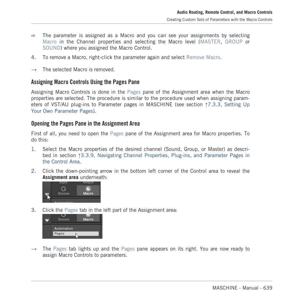 Assigning macro controls using the pages pane, Opening the pages pane in the assignment area | Native Instruments MASCHINE MK3 Groove Production Studio (Black) User Manual | Page 639 / 976