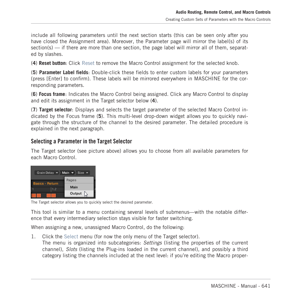 Selecting a parameter in the target selector | Native Instruments MASCHINE MK3 Groove Production Studio (Black) User Manual | Page 641 / 976