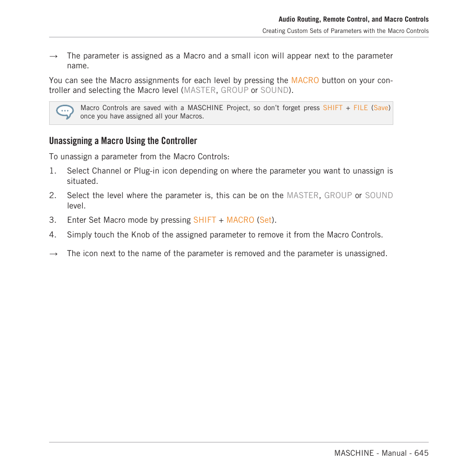 Unassigning a macro using the controller | Native Instruments MASCHINE MK3 Groove Production Studio (Black) User Manual | Page 645 / 976