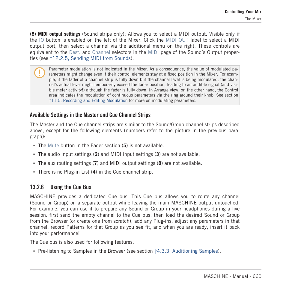 Using the cue bus, 6, using the cue bus, 6, using the | Cue bus, For more information, 6 using the cue bus | Native Instruments MASCHINE MK3 Groove Production Studio (Black) User Manual | Page 660 / 976