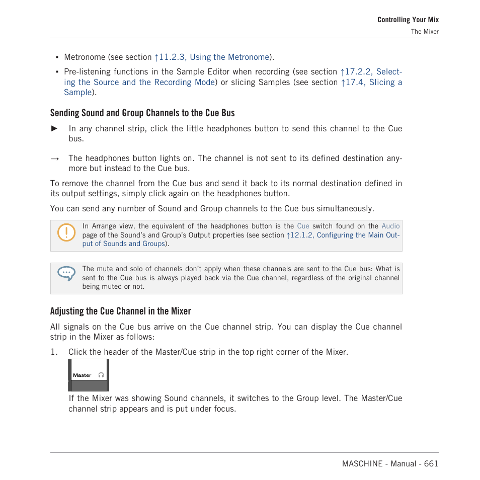 Sending sound and group channels to the cue bus, Adjusting the cue channel in the mixer | Native Instruments MASCHINE MK3 Groove Production Studio (Black) User Manual | Page 661 / 976