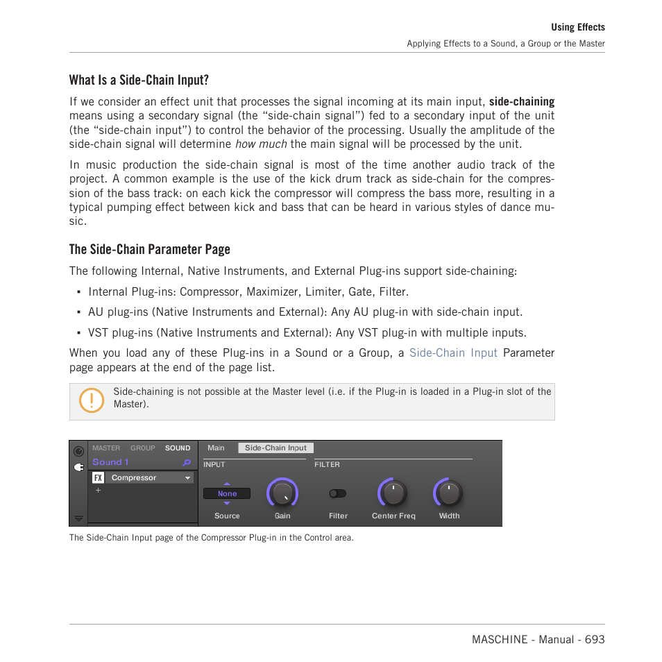 What is a side-chain input, The side-chain parameter page | Native Instruments MASCHINE MK3 Groove Production Studio (Black) User Manual | Page 693 / 976