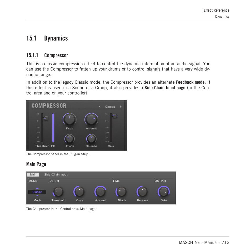 Dynamics, Compressor, 1 dynamics | 1 compressor, Main page | Native Instruments MASCHINE MK3 Groove Production Studio (Black) User Manual | Page 713 / 976