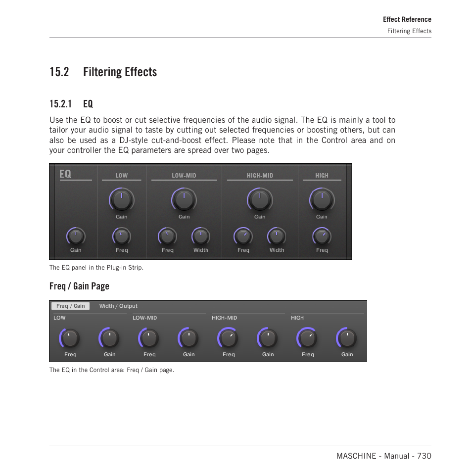 Filtering effects, Eq and filter. see section, 2, filtering effects | 2 filtering effects, 1 eq, Freq / gain page | Native Instruments MASCHINE MK3 Groove Production Studio (Black) User Manual | Page 730 / 976