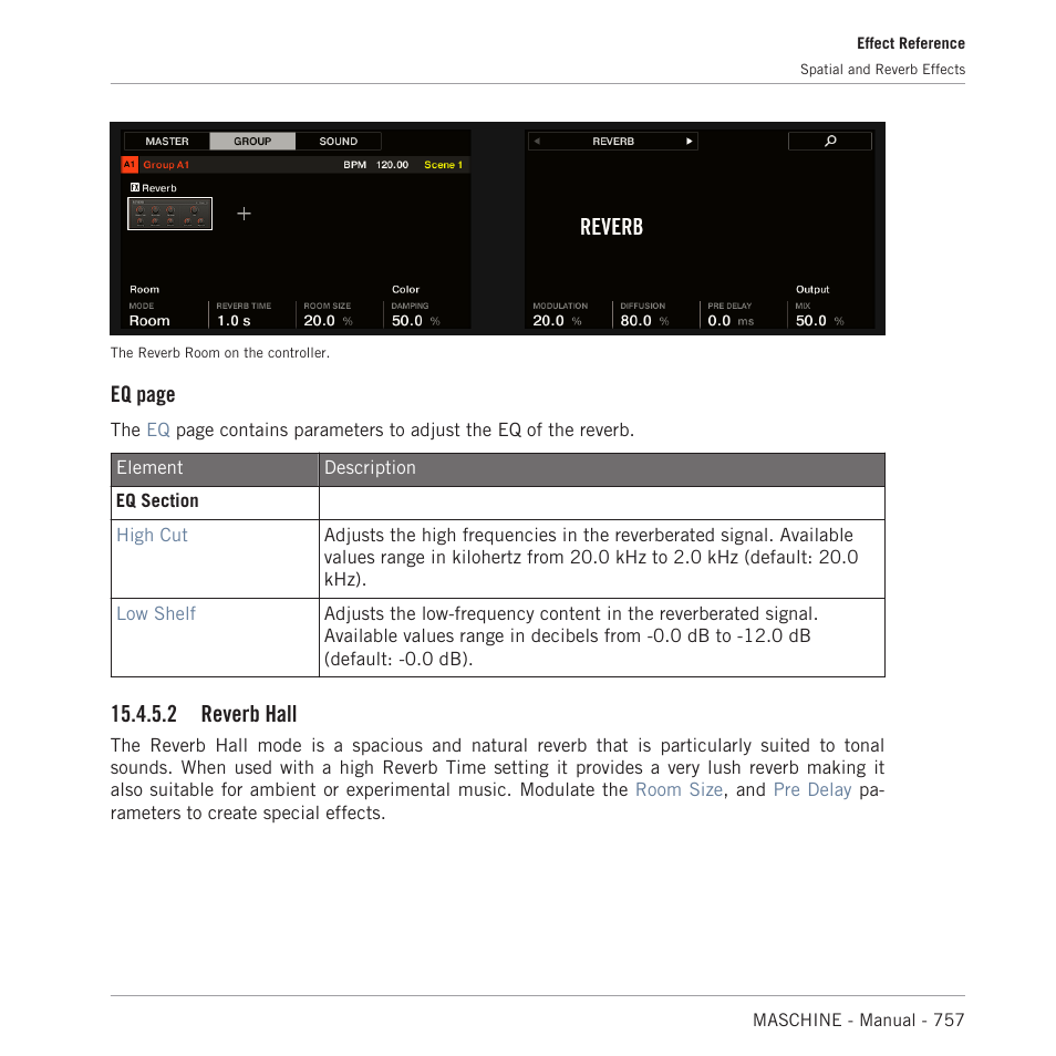 Reverb hall, 2 reverb hall, Eq page | Native Instruments MASCHINE MK3 Groove Production Studio (Black) User Manual | Page 757 / 976