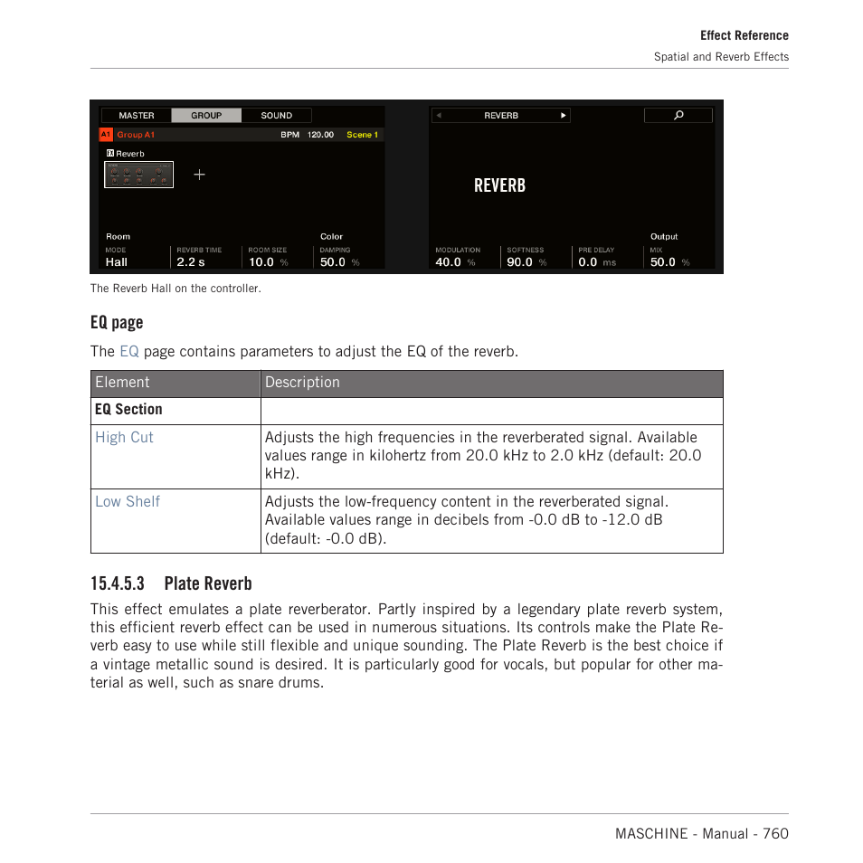 Plate reverb, 3 plate reverb, Eq page | Native Instruments MASCHINE MK3 Groove Production Studio (Black) User Manual | Page 760 / 976