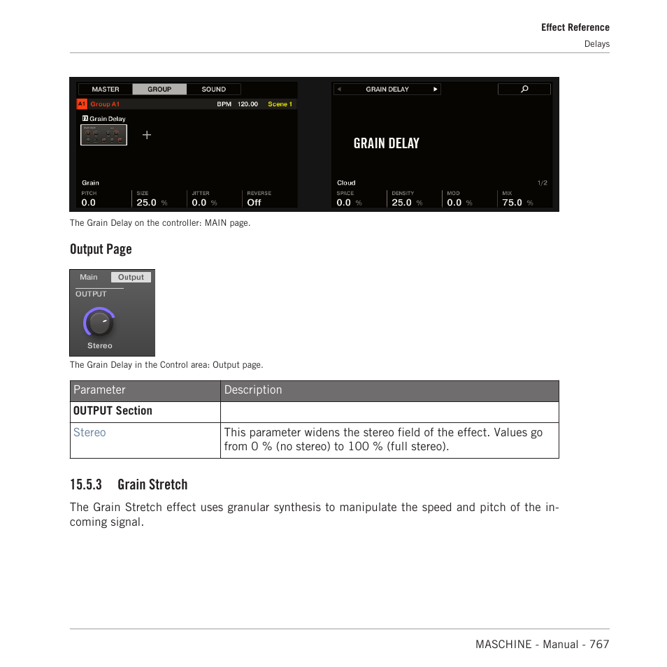 Grain stretch, Output page, 3 grain stretch | Native Instruments MASCHINE MK3 Groove Production Studio (Black) User Manual | Page 767 / 976