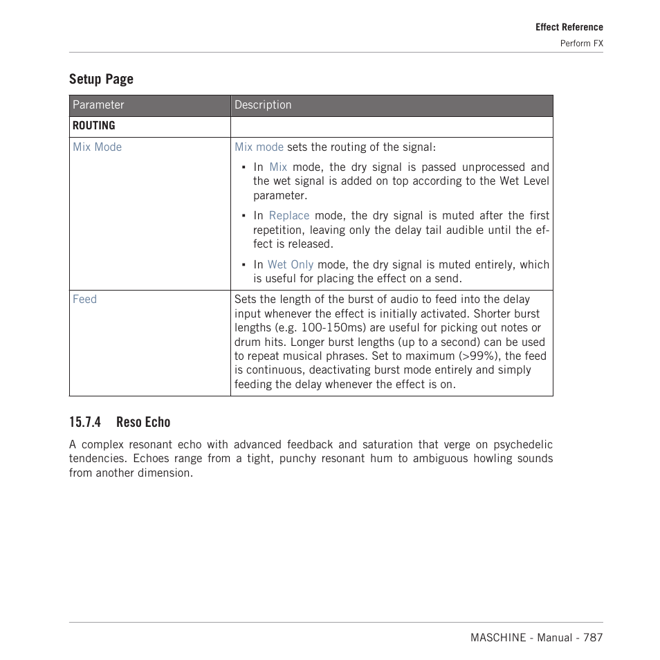 Reso echo, Punchy resonator. for more information see section, 4, reso echo | Setup page, 4 reso echo | Native Instruments MASCHINE MK3 Groove Production Studio (Black) User Manual | Page 787 / 976