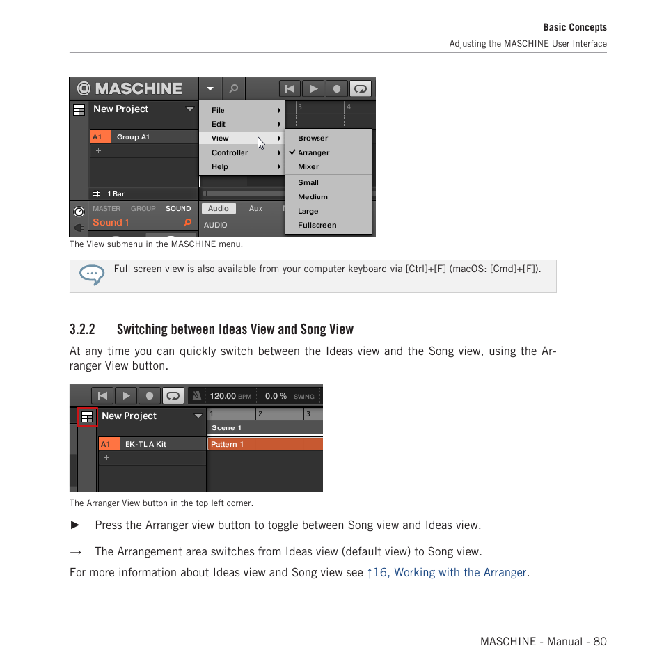 Switching between ideas view and song view, 2 switching between ideas view and song view | Native Instruments MASCHINE MK3 Groove Production Studio (Black) User Manual | Page 80 / 976