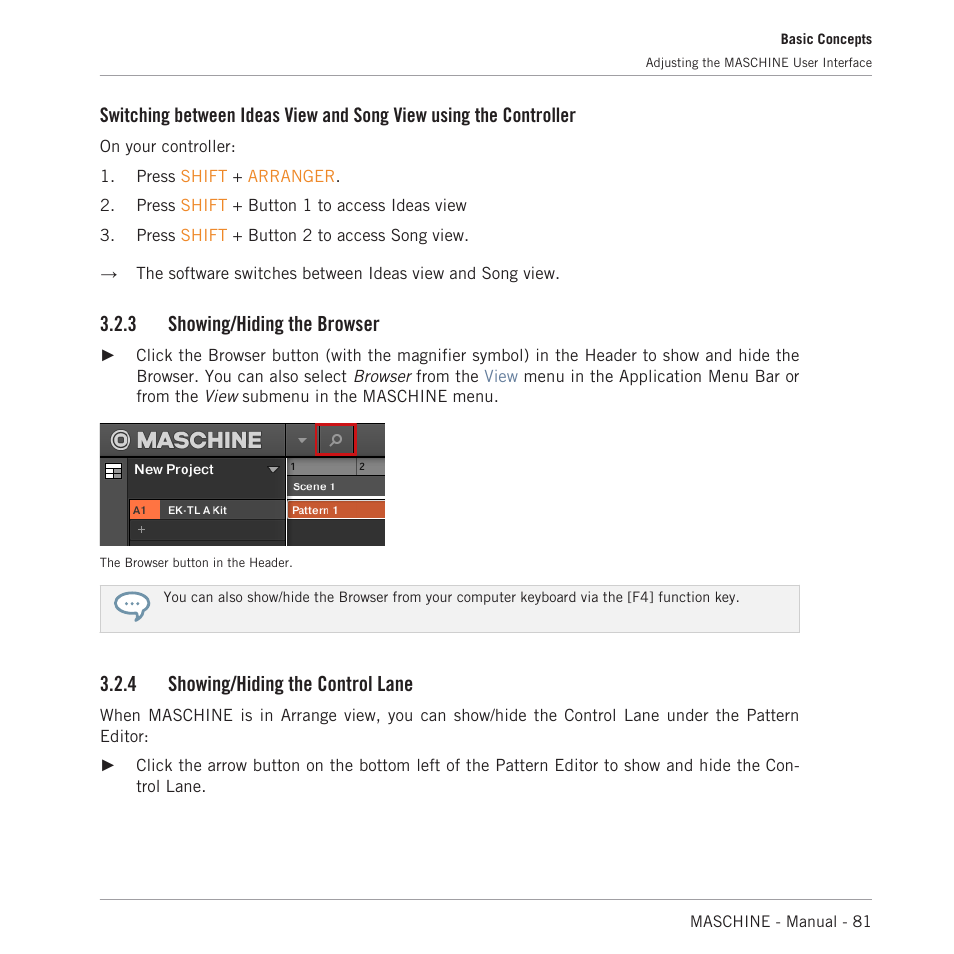 Showing/hiding the browser, Showing/hiding the control lane, 3 showing/hiding the browser | 4 showing/hiding the control lane | Native Instruments MASCHINE MK3 Groove Production Studio (Black) User Manual | Page 81 / 976