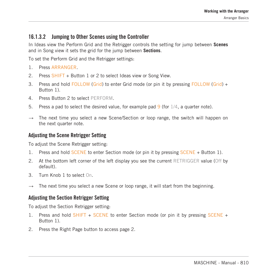 Jumping to other scenes using the controller, 2 jumping to other scenes using the controller, Adjusting the scene retrigger setting | Native Instruments MASCHINE MK3 Groove Production Studio (Black) User Manual | Page 810 / 976