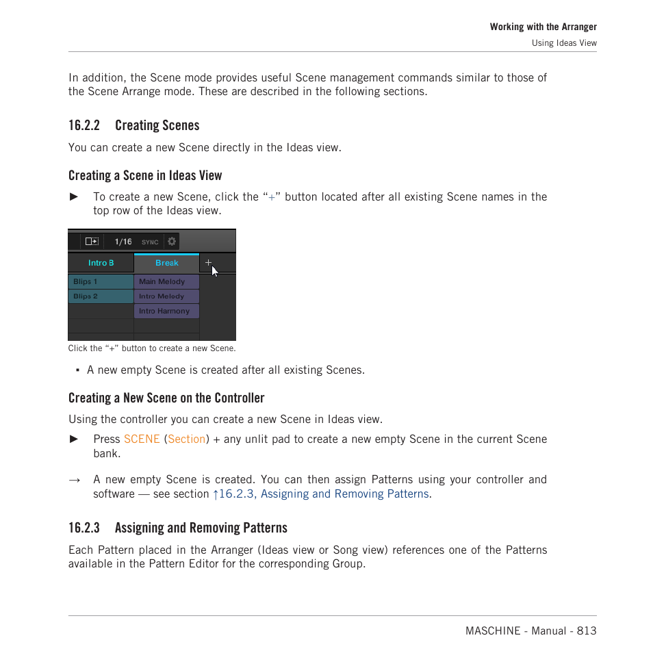 Creating scenes, Assigning and removing patterns, 2 creating scenes | Creating a scene in ideas view, Creating a new scene on the controller, 3 assigning and removing patterns | Native Instruments MASCHINE MK3 Groove Production Studio (Black) User Manual | Page 813 / 976