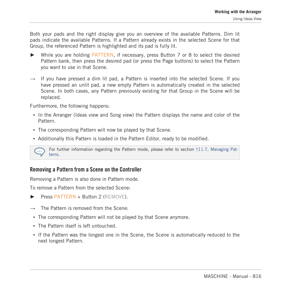 Removing a pattern from a scene on the controller | Native Instruments MASCHINE MK3 Groove Production Studio (Black) User Manual | Page 816 / 976