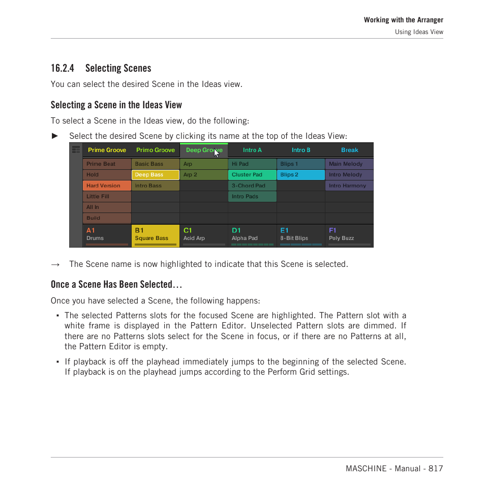 Selecting scenes, 4 selecting scenes, Selecting a scene in the ideas view | Once a scene has been selected | Native Instruments MASCHINE MK3 Groove Production Studio (Black) User Manual | Page 817 / 976