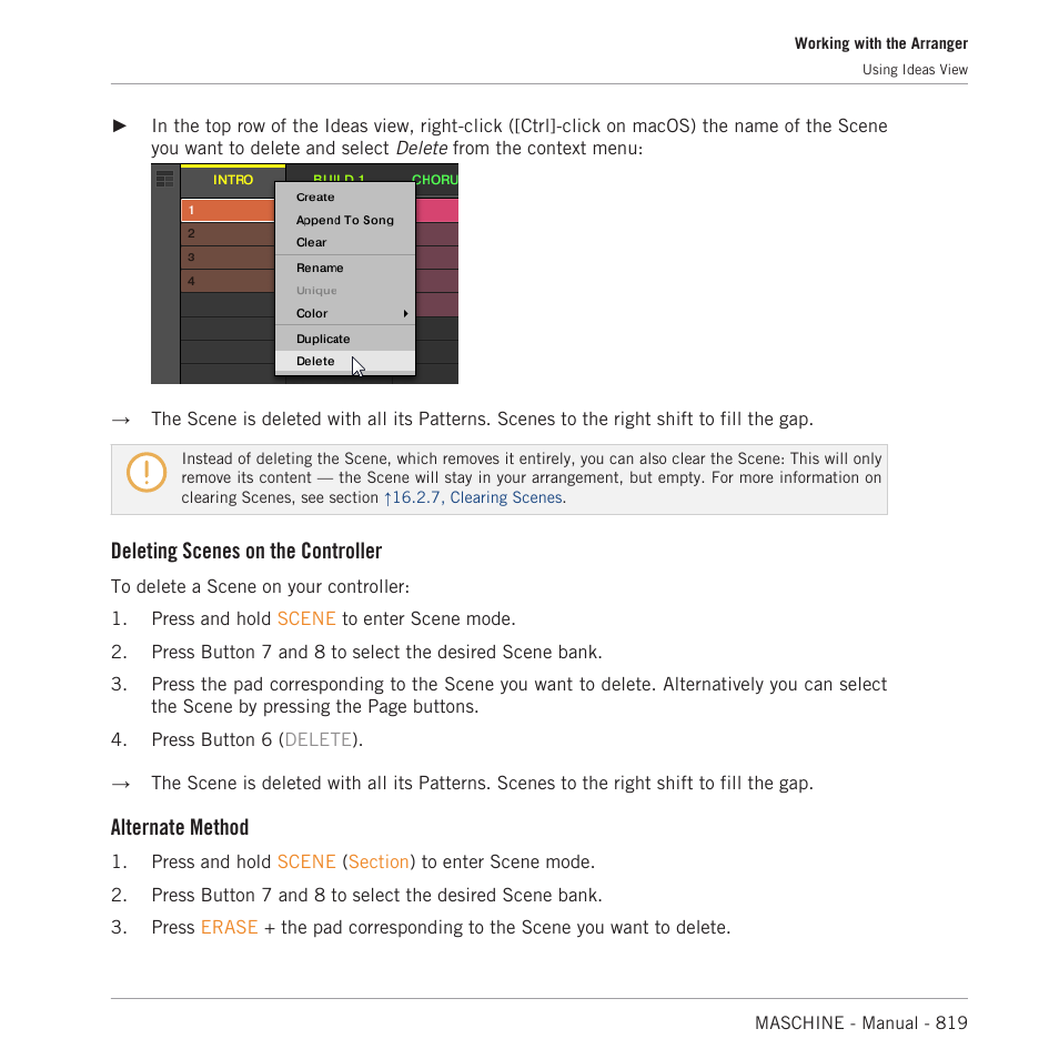 Deleting scenes on the controller, Alternate method | Native Instruments MASCHINE MK3 Groove Production Studio (Black) User Manual | Page 819 / 976