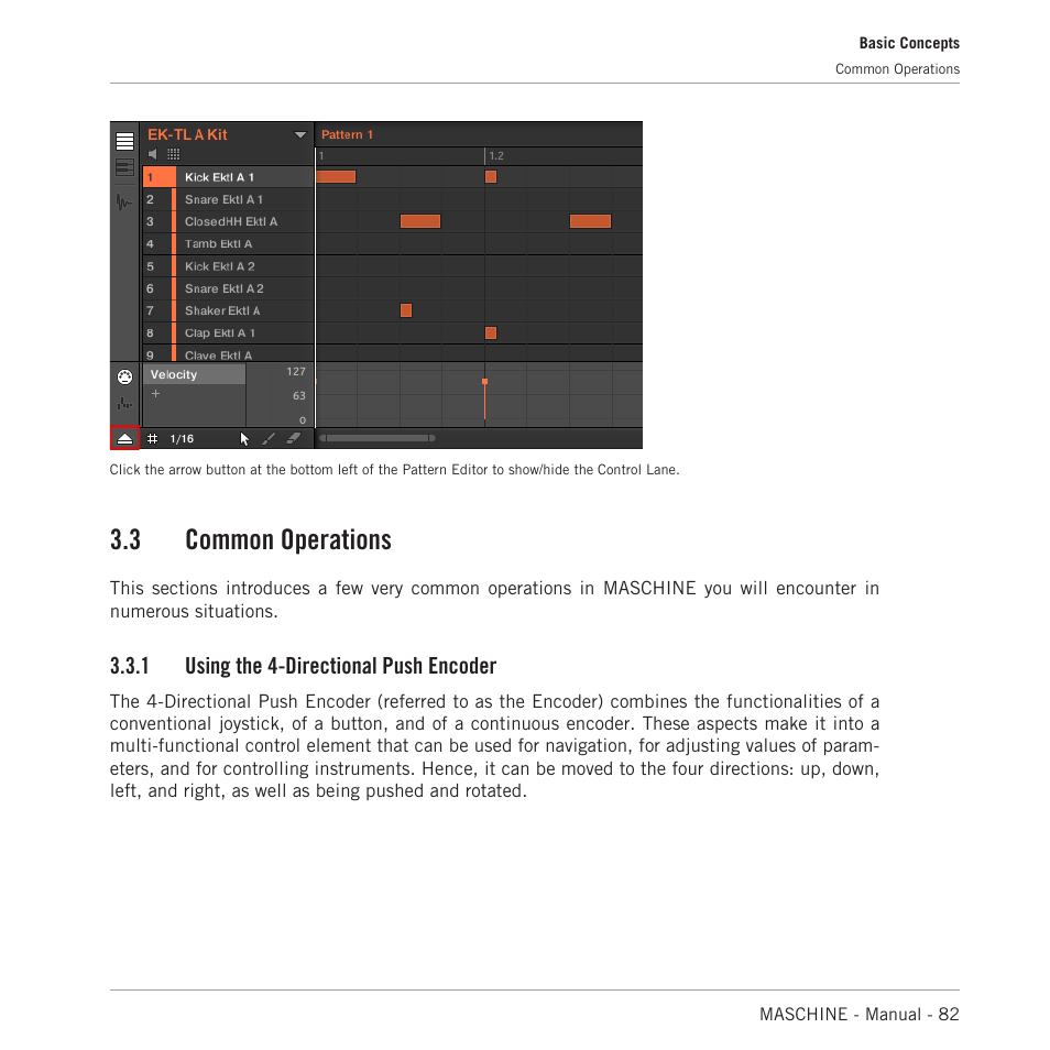 Common operations, Using the 4-directional push encoder, 3 common operations | 1 using the 4-directional push encoder | Native Instruments MASCHINE MK3 Groove Production Studio (Black) User Manual | Page 82 / 976