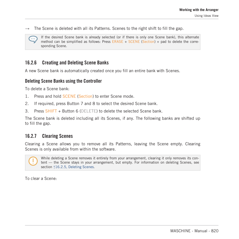 Creating and deleting scene banks, Clearing scenes, 6 creating and deleting scene banks | Deleting scene banks using the controller, 7 clearing scenes | Native Instruments MASCHINE MK3 Groove Production Studio (Black) User Manual | Page 820 / 976
