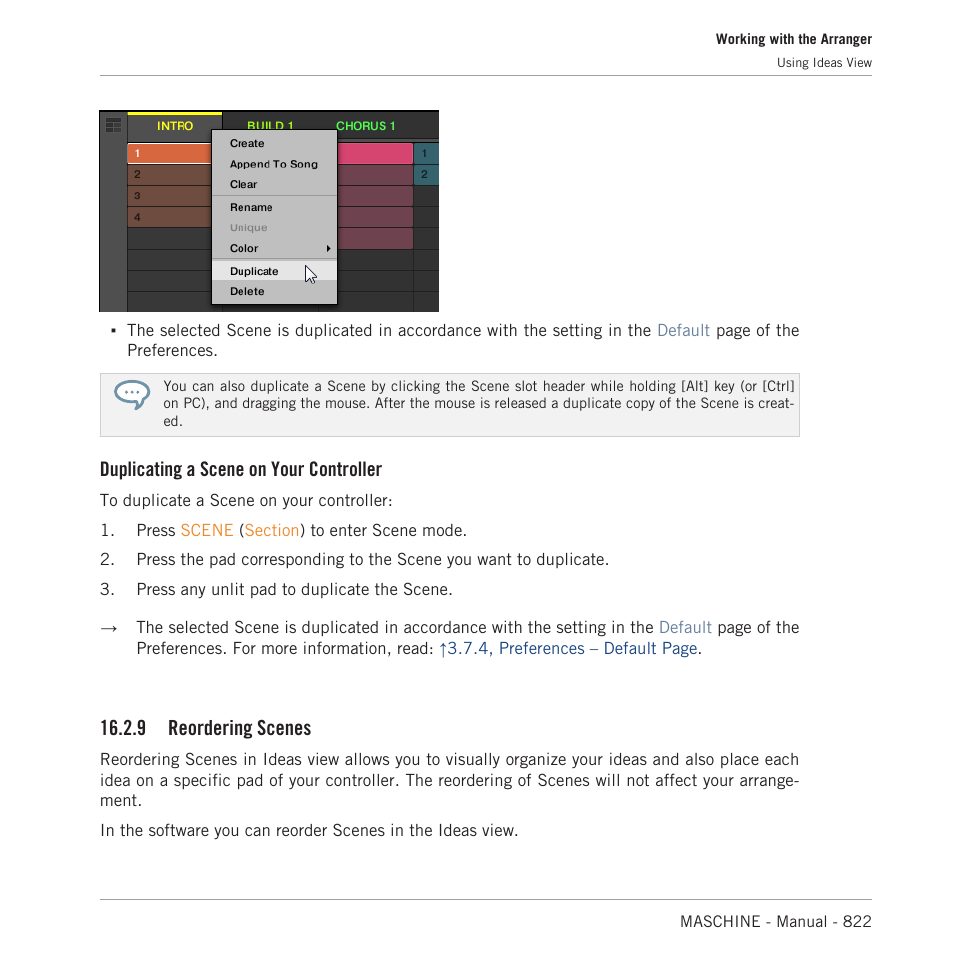 Reordering scenes, Duplicating a scene on your controller, 9 reordering scenes | Native Instruments MASCHINE MK3 Groove Production Studio (Black) User Manual | Page 822 / 976