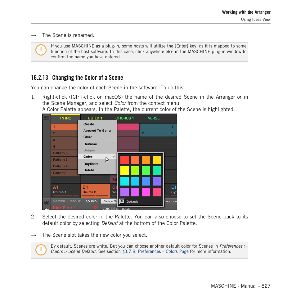 Changing the color of a scene, 13 changing the color of a scene, 13, changing the color of a scene | For more information, respectively | Native Instruments MASCHINE MK3 Groove Production Studio (Black) User Manual | Page 827 / 976