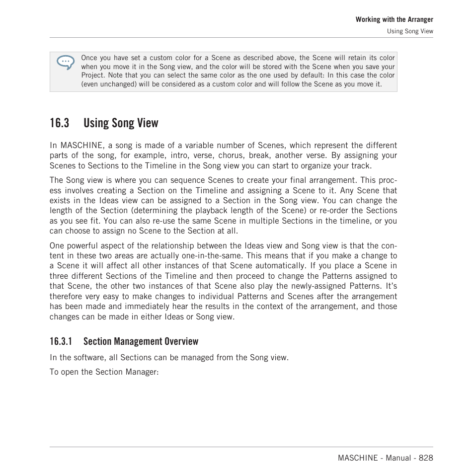 Using song view, Section management overview, 3, using song view | For more on this), 3, using song, View, 3, using, Song view, 3 using song view | Native Instruments MASCHINE MK3 Groove Production Studio (Black) User Manual | Page 828 / 976