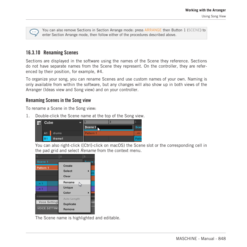 Renaming scenes, 10 renaming scenes, Renaming scenes in the song view | Native Instruments MASCHINE MK3 Groove Production Studio (Black) User Manual | Page 848 / 976