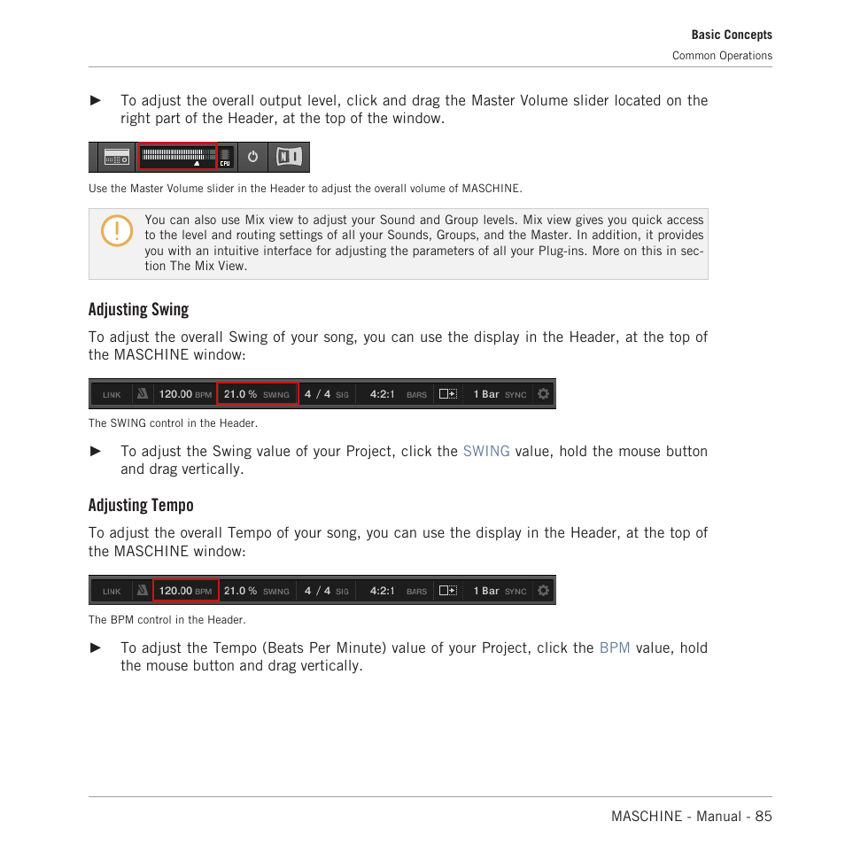 Adjusting swing, Adjusting tempo | Native Instruments MASCHINE MK3 Groove Production Studio (Black) User Manual | Page 85 / 976