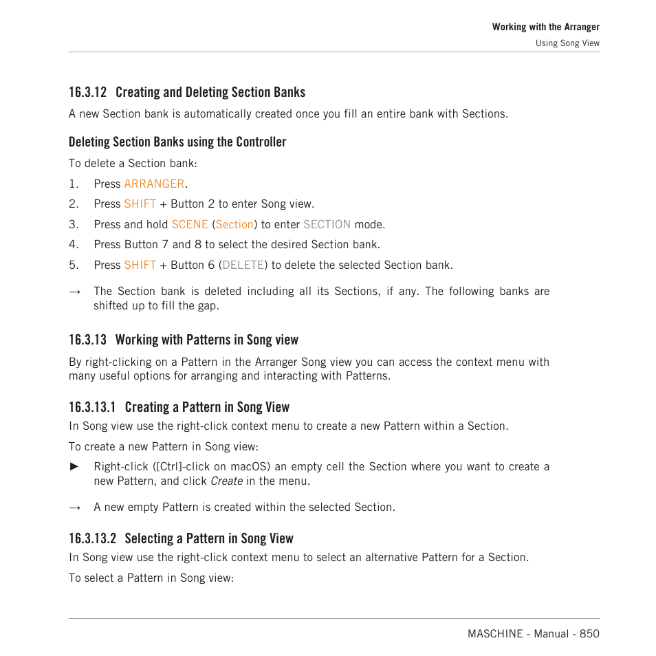 Creating and deleting section banks, Working with patterns in song view, Creating a pattern in song view | Selecting a pattern in song view, 12 creating and deleting section banks, 13 working with patterns in song view, 1 creating a pattern in song view, 2 selecting a pattern in song view, 13, working, With patterns in song view | Native Instruments MASCHINE MK3 Groove Production Studio (Black) User Manual | Page 850 / 976