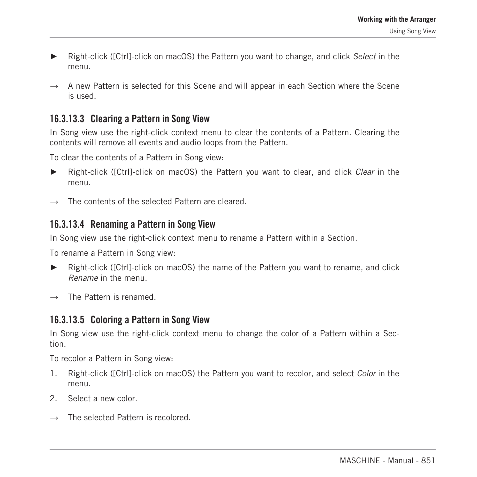 Clearing a pattern in song view, Renaming a pattern in song view, Coloring a pattern in song view | 3 clearing a pattern in song view, 4 renaming a pattern in song view, 5 coloring a pattern in song view | Native Instruments MASCHINE MK3 Groove Production Studio (Black) User Manual | Page 851 / 976