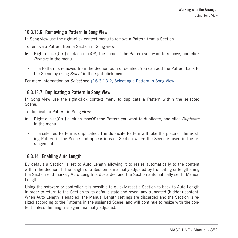 Removing a pattern in song view, Duplicating a pattern in song view, Enabling auto length | 6 removing a pattern in song view, 7 duplicating a pattern in song view, 14 enabling auto length | Native Instruments MASCHINE MK3 Groove Production Studio (Black) User Manual | Page 852 / 976