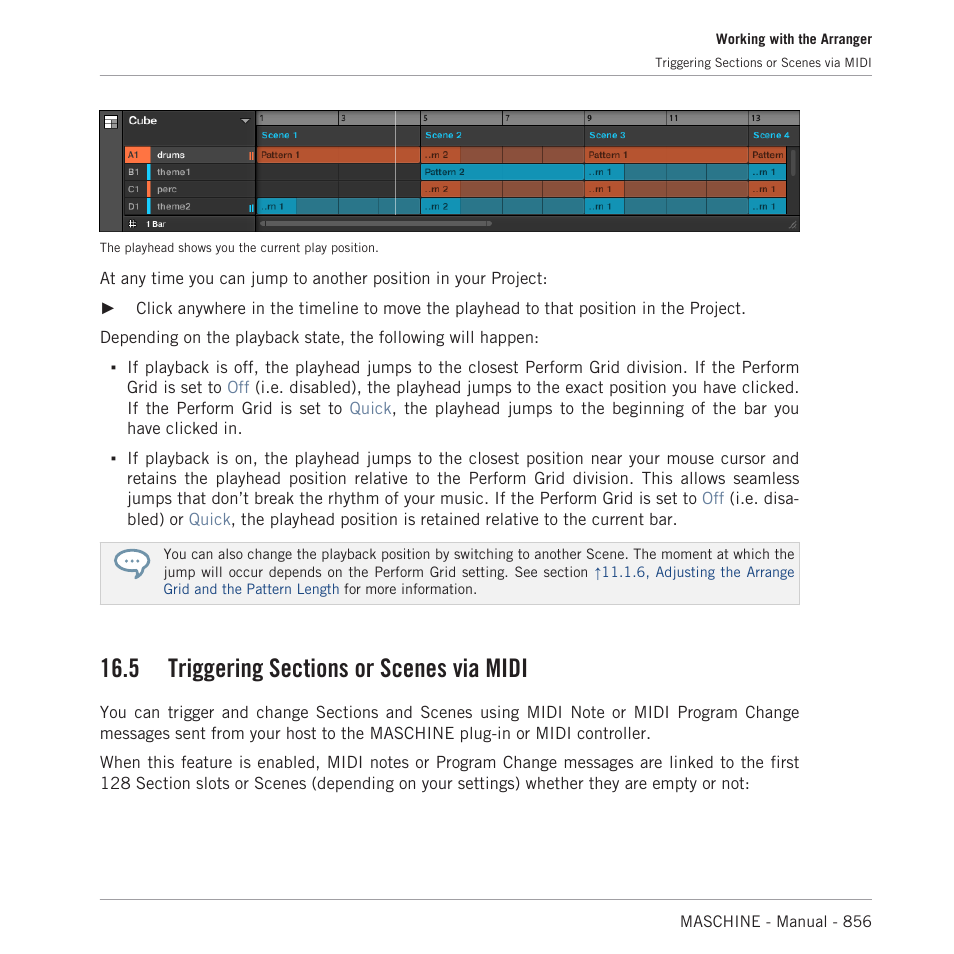 Triggering sections or scenes via midi, 5, triggering sections or scenes via midi, 5, triggering sections or scenes via | Midi, 5, triggering sections or, Scenes via midi, 5, triggering sections or scenes, Via midi | Native Instruments MASCHINE MK3 Groove Production Studio (Black) User Manual | Page 856 / 976