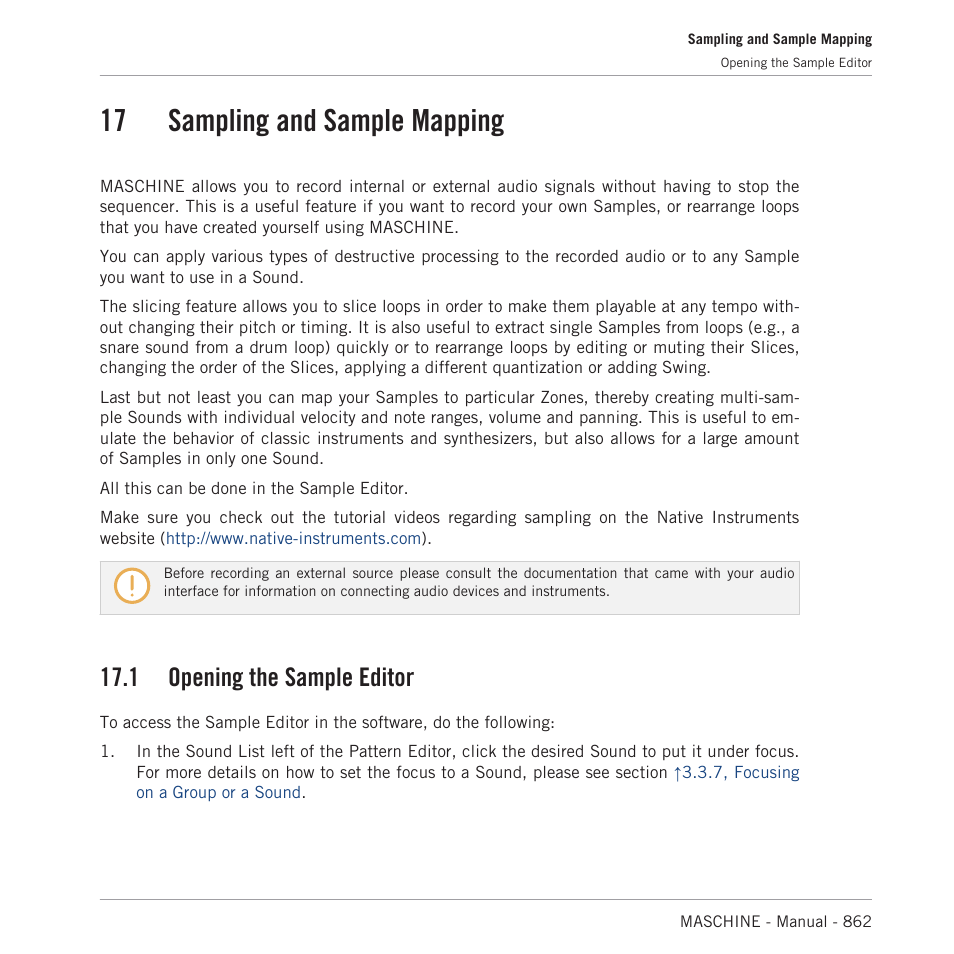 Sampling and sample mapping, Opening the sample editor, 17 sampling and sample mapping | 17, sampling and sample, Mapping, 17, sampling and sample mapping, 17, sampling and, Sample mapping, 1 opening the sample editor | Native Instruments MASCHINE MK3 Groove Production Studio (Black) User Manual | Page 862 / 976