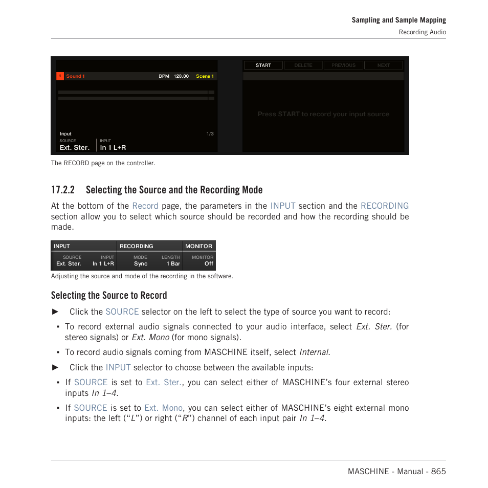 Selecting the source and the recording mode, 2, select, Ing the source and the recording mode | 2 selecting the source and the recording mode, Selecting the source to record | Native Instruments MASCHINE MK3 Groove Production Studio (Black) User Manual | Page 865 / 976