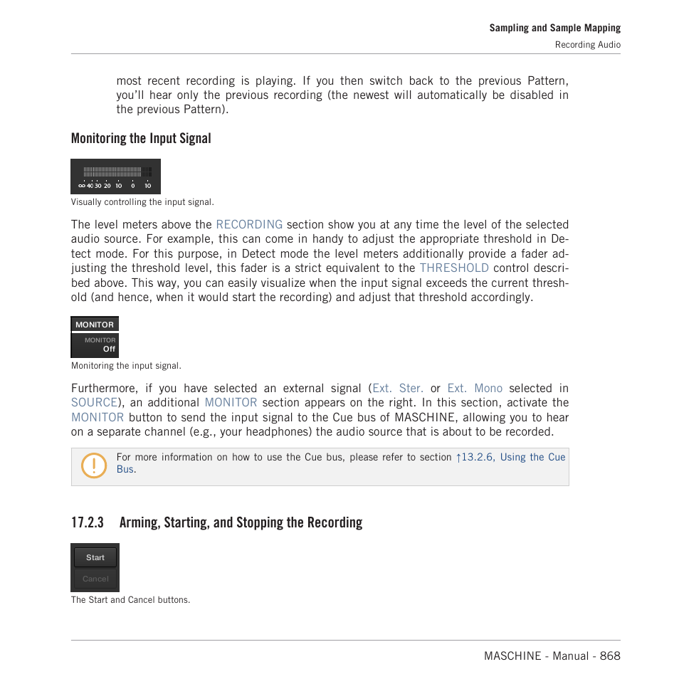 Arming, starting, and stopping the recording, Monitoring the input signal, 3 arming, starting, and stopping the recording | Native Instruments MASCHINE MK3 Groove Production Studio (Black) User Manual | Page 868 / 976